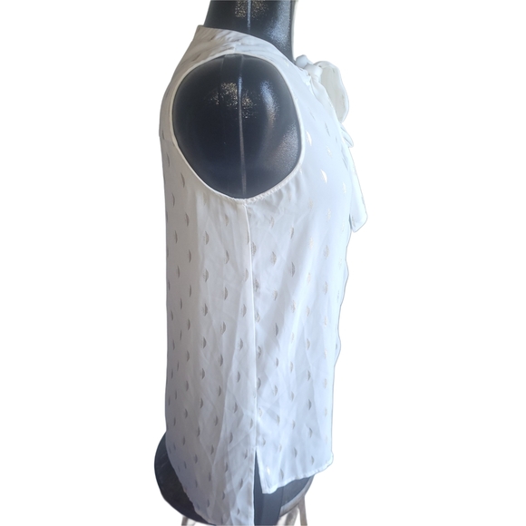 Vero White Sleeveless Blouse with Gold Leaf Print and Fabric Tie Neckline S - Picture 3 of 6